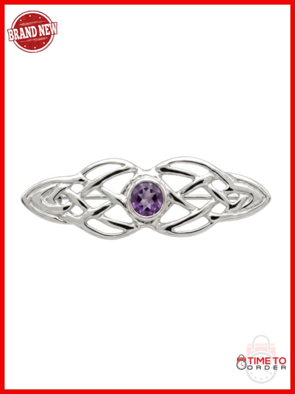 925 Sterling Silver Celtic Brooch Pin with Purple Cubic Zirconia